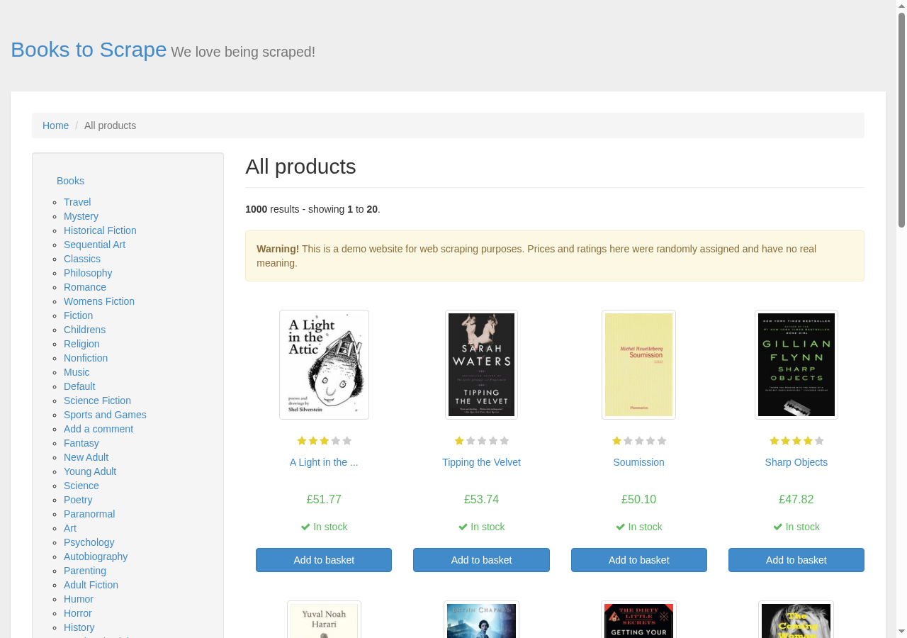 The Books to Scrape catalog, with titles and prices.