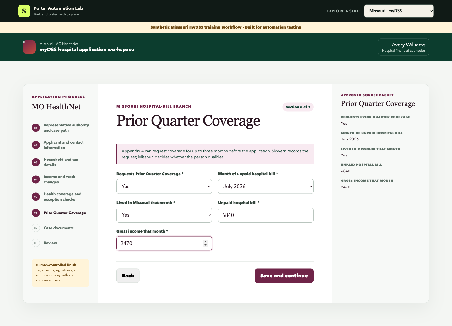 Missouri's Prior Quarter Coverage fields beside the approved source
