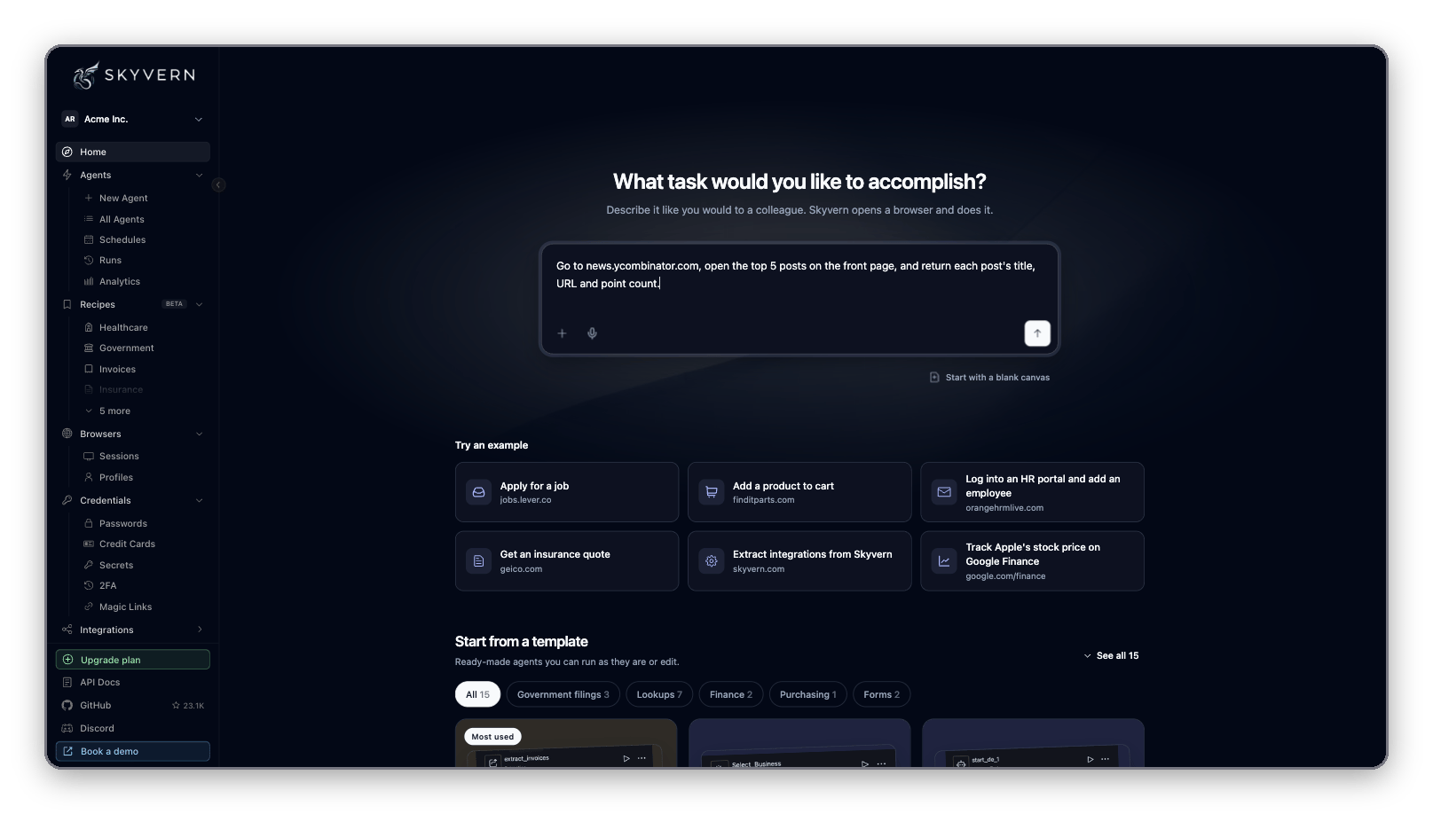 Skyvern Home with the task prompt box