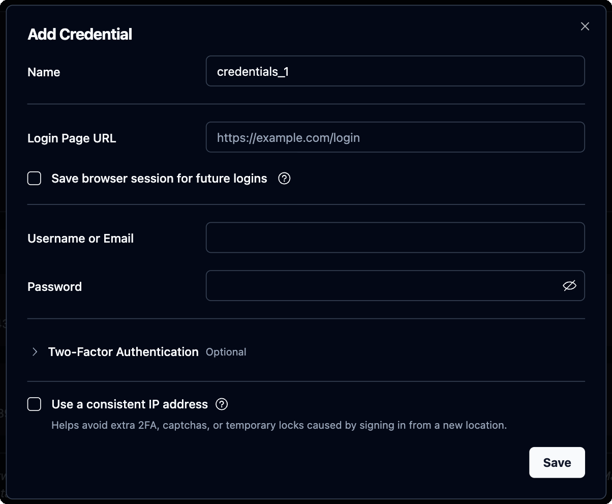 Skyvern Add Credential dialog showing the login URL, username, password, two-factor authentication, session reuse, and consistent IP settings.