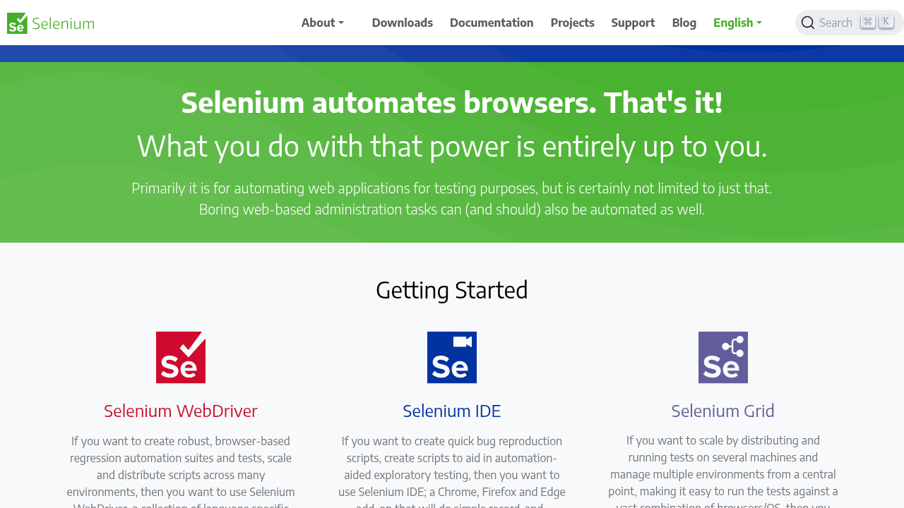 Selenium official website showing browser automation testing framework with multi-language support and WebDriver API