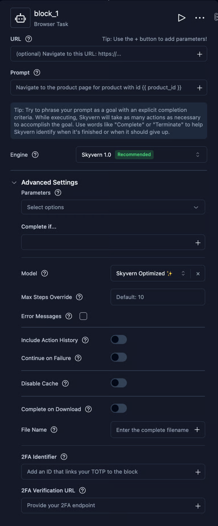 A Browser Task configuration example from Skyvern’s documentation. The prompt is where a process expert describes the task and its completion criteria.