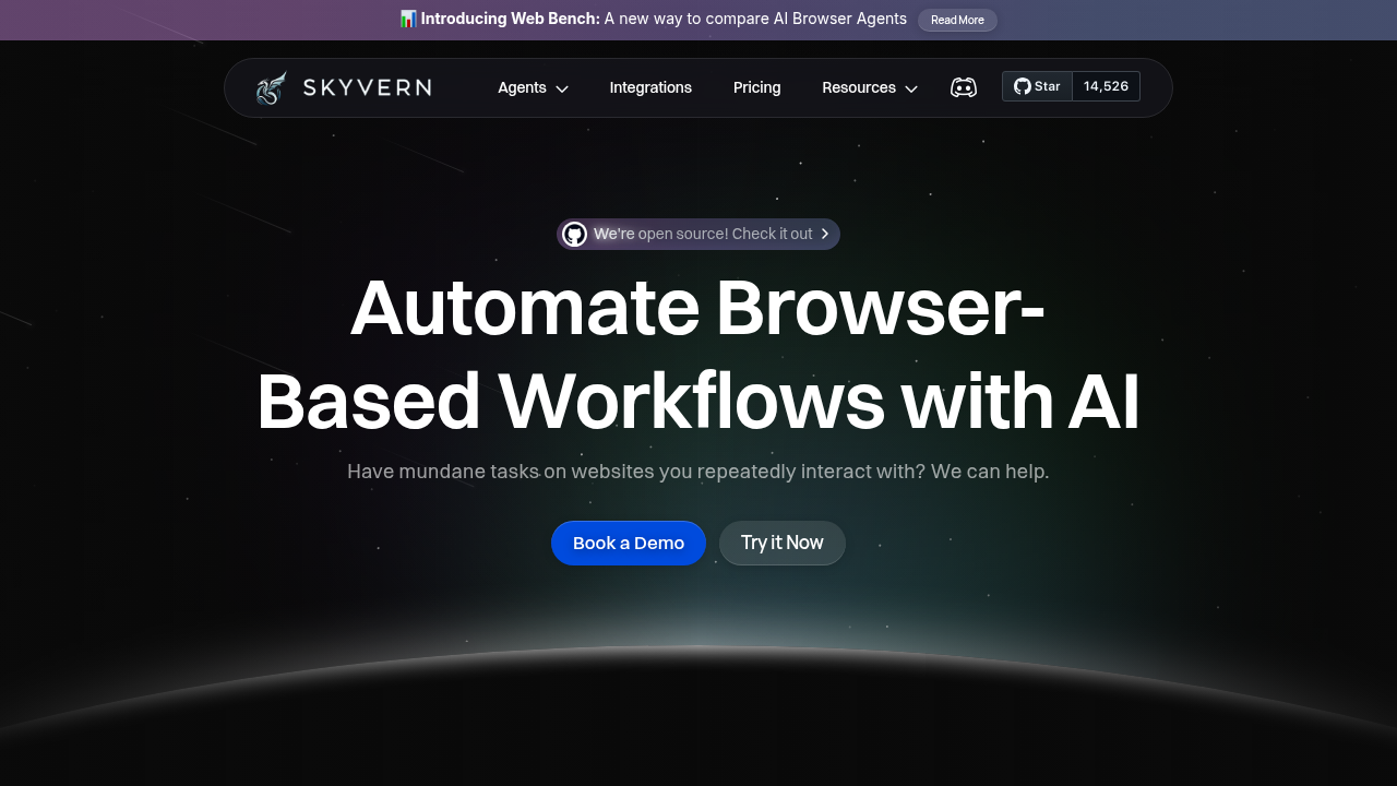 Skyvern AI RPA platform homepage showing browser automation features and computer vision capabilities for enterprise workflows