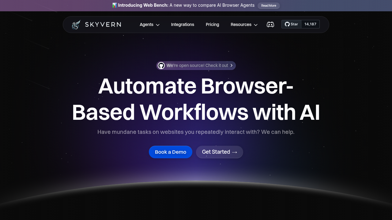 Skyvern homepage showcasing AI-powered browser automation platform with LLM and computer vision capabilities for adaptive workflows