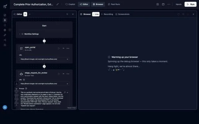 Skyvern visual workflow builder with three prior authorization steps on the left and the controlled browser on the right