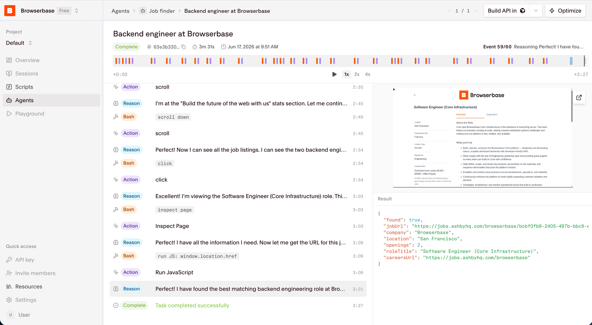 Browserbase completed run showing the action timeline, browser preview and result