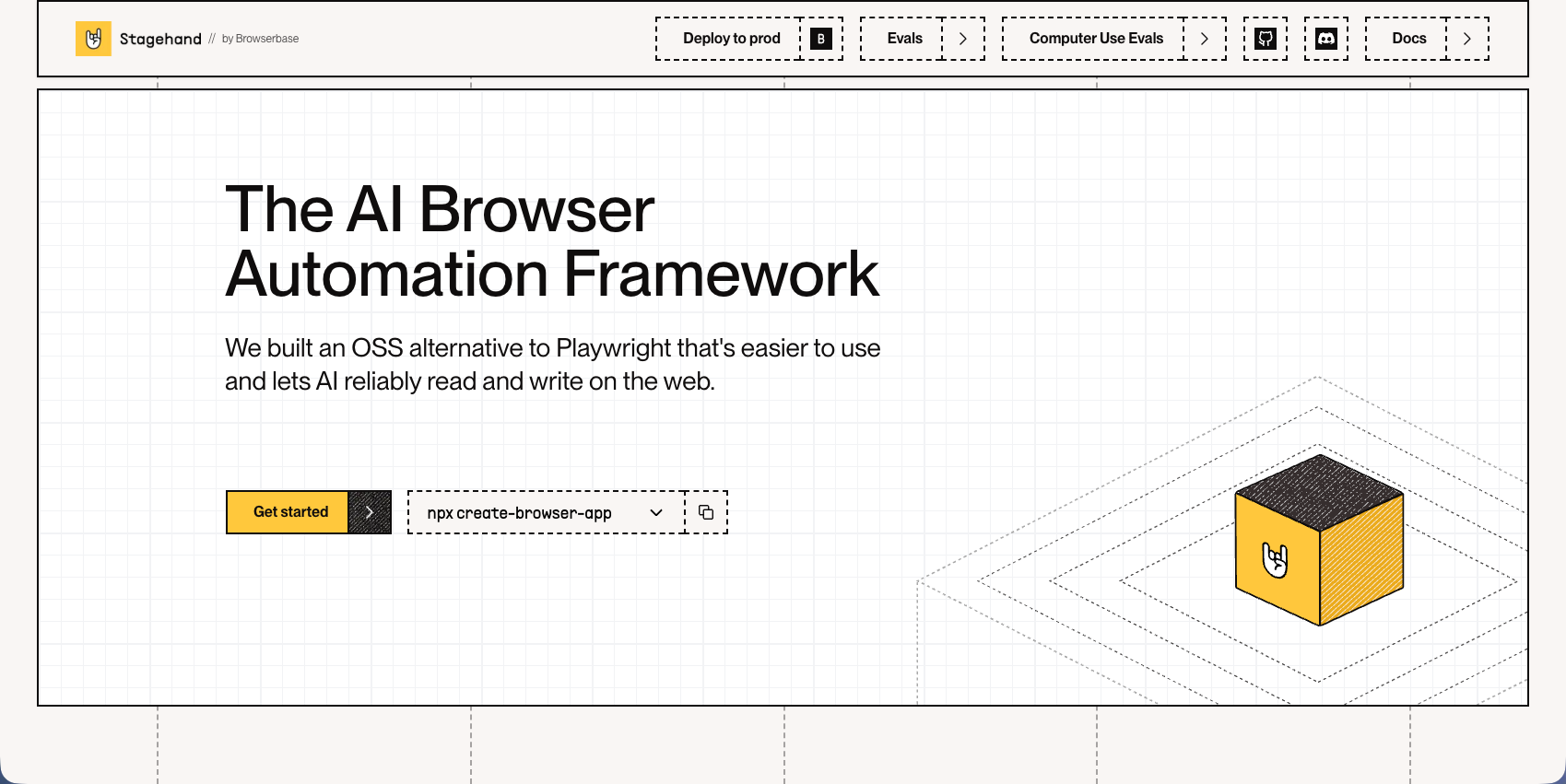 Stagehand homepage presenting an AI browser automation framework with a command-line setup prompt.