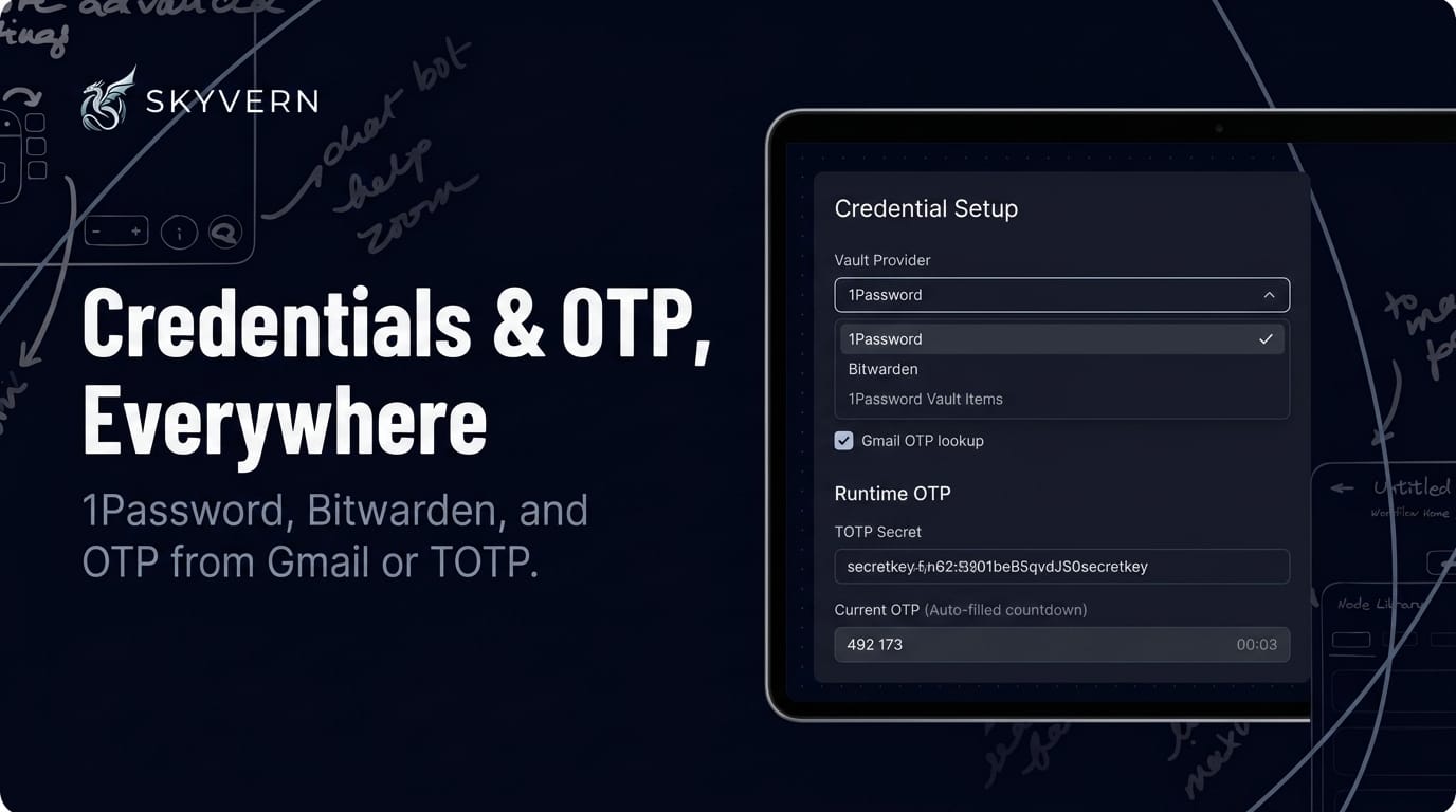 Credentials setup — a credential picker offering 1Password and Bitwarden vault items, a Gmail-backed OTP lookup option, and a runtime OTP fill using a stored TOTP secret