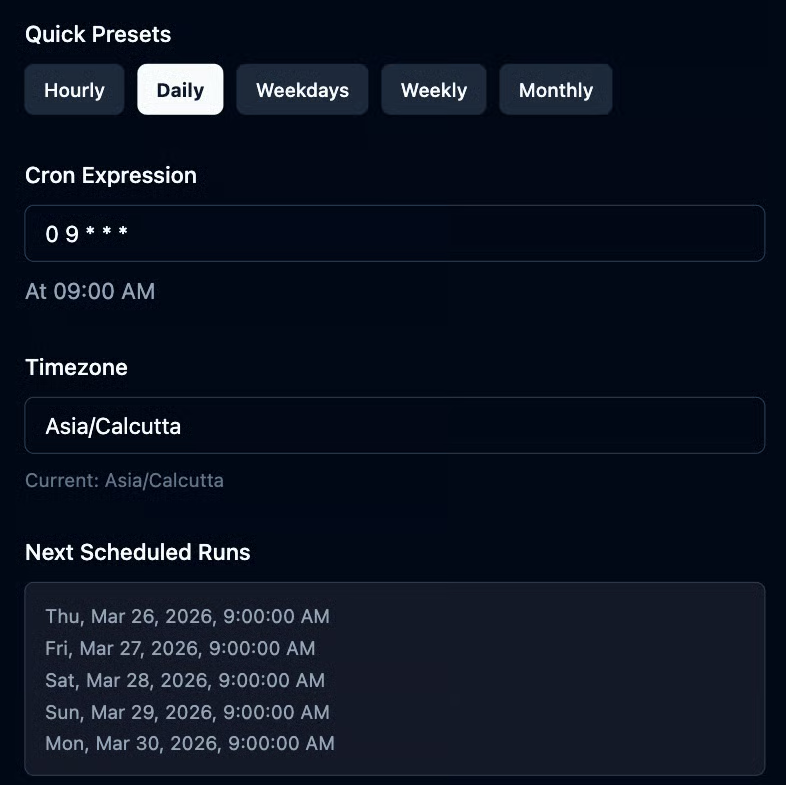 Skyvern schedule controls showing frequency presets, cron expression, timezone, and a preview of upcoming runs.