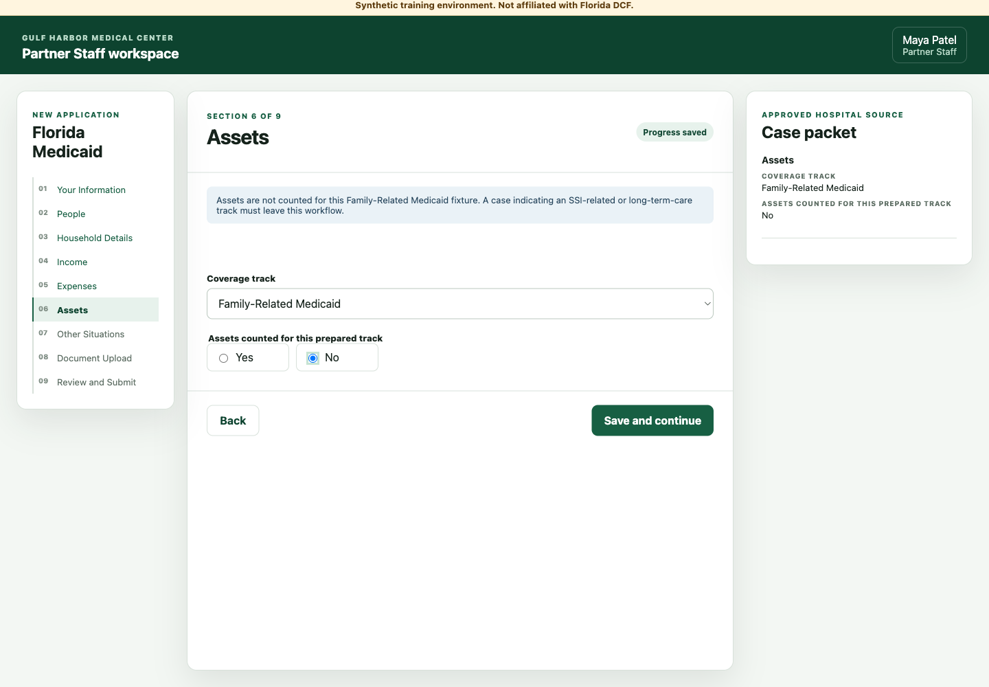 The Family-Related Medicaid asset branch recorded in the application