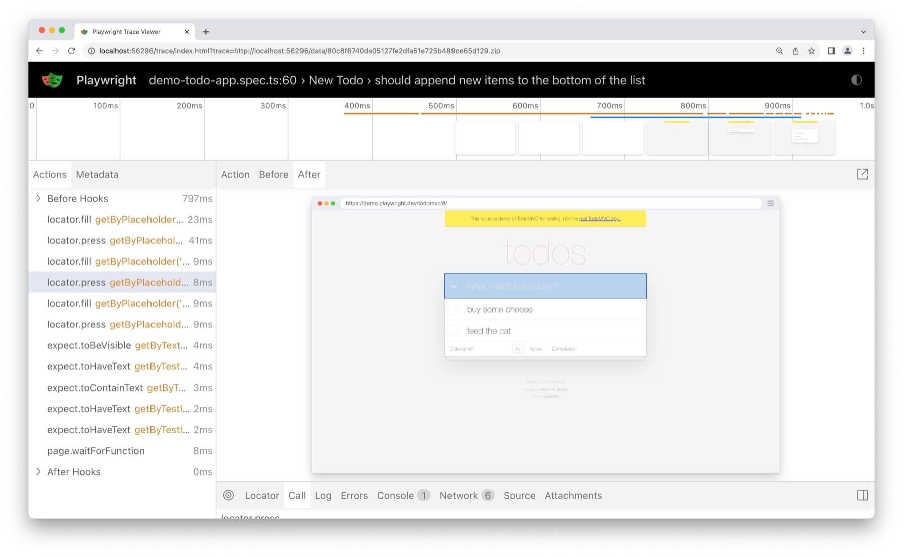 Playwright Trace Viewer showing the action timeline, locator commands, page snapshot, and debugging panels