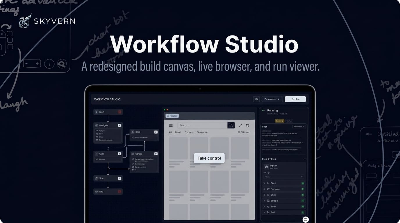 Workflow Studio preview — a redesigned editor with a build canvas on the left, an integrated live browser view in the center, and a run viewer panel, with a take-control button on the live browser