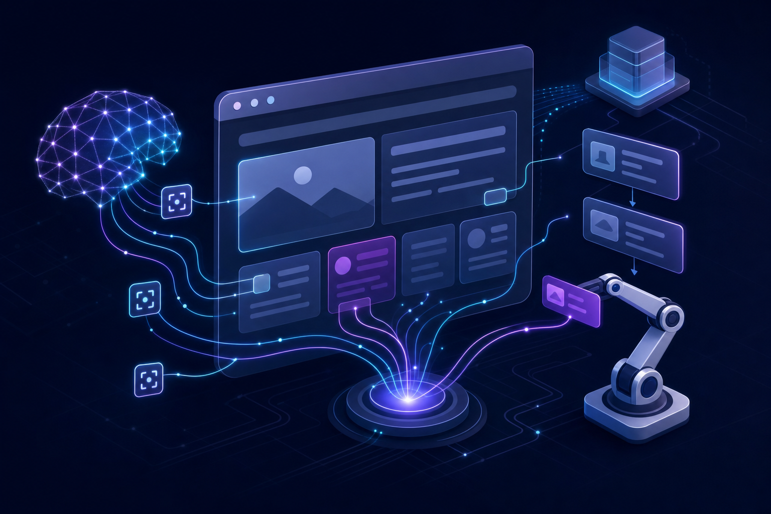 Futuristic illustration of an AI agent connecting a browser interface with automated workflow components.