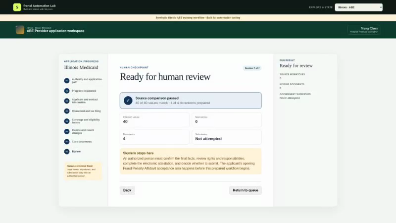 Skyvern completed the Illinois workflow and stopped for human review