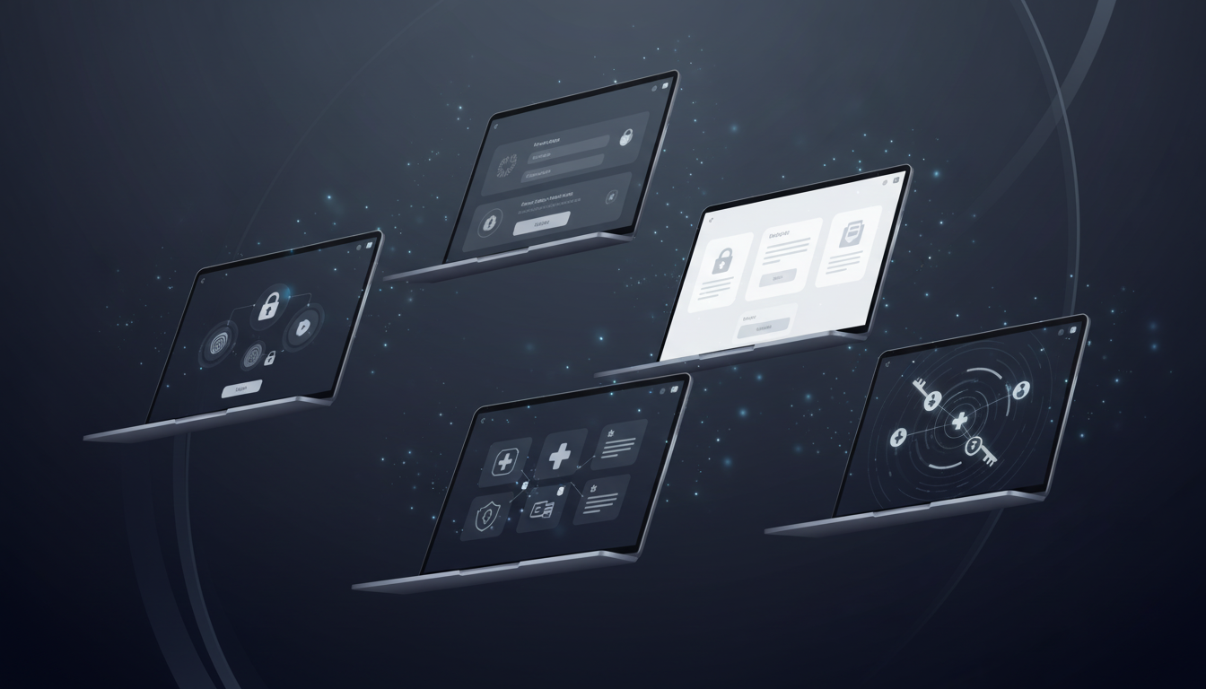 A modern digital illustration showing multiple disconnected computer portals and systems in a healthcare administrative workflow. Show several laptop screens or portal windows floating in space, each displaying different login interfaces and credential databases, with no connections between them. Include visual elements suggesting credentials, certificates, and medical healthcare administrative documentation. Use a professional color palette with blues, grays, and whites. The image should convey complexity and disconnection between systems.