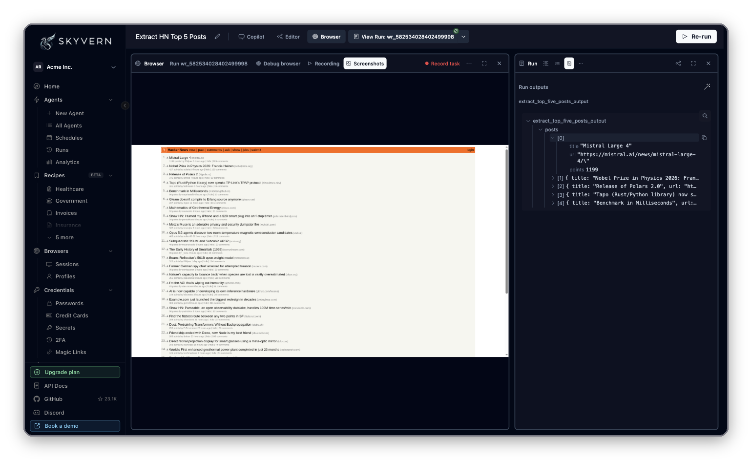 Skyvern completed run showing structured Hacker News post data in the Outputs panel beside the browser screenshot.