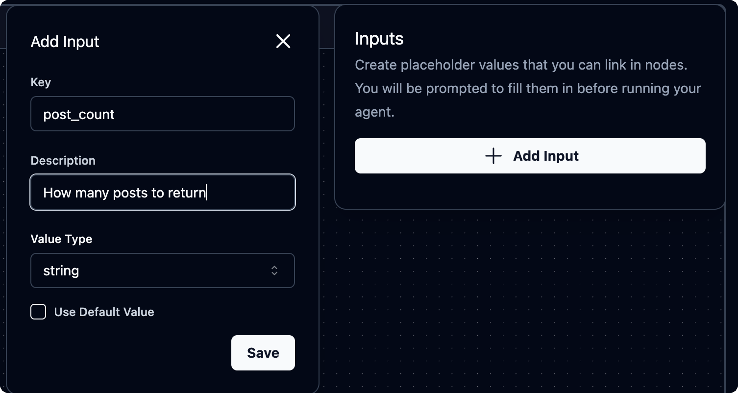 Skyvern Studio Inputs panel and Add Input dialog showing a sample input key, description, and string value type.