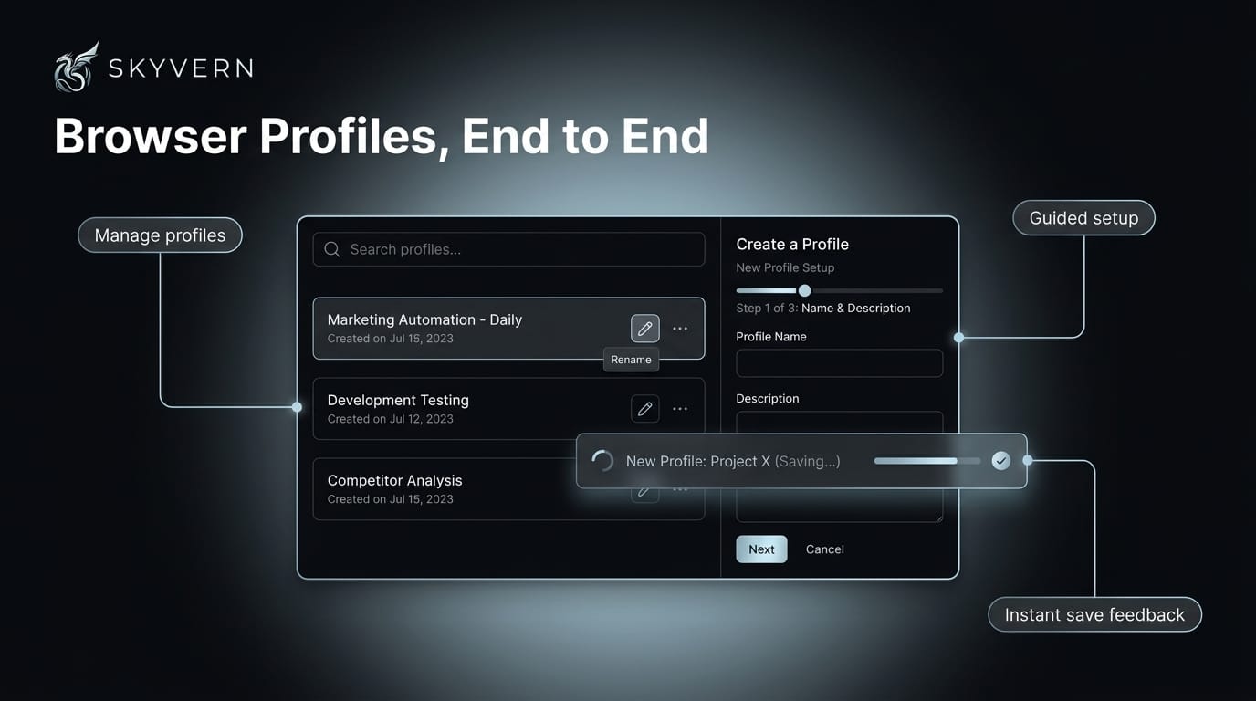 Browser profiles — a dedicated browser profiles management page with search and rename controls, next to a guided step-by-step "create a profile" flow and an in-progress placeholder row appearing on save