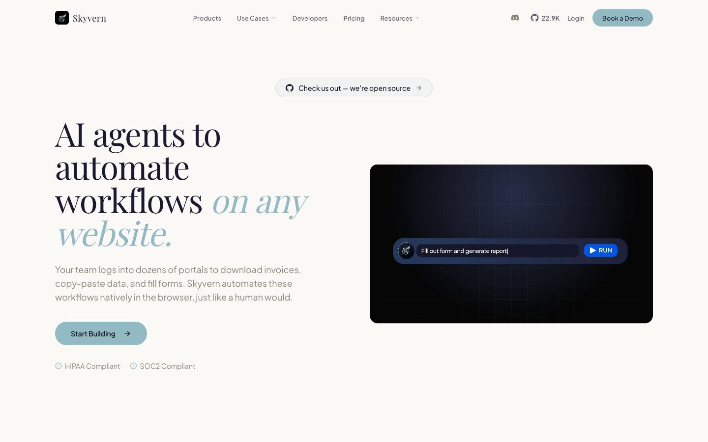 Skyvern homepage showing its AI browser automation workflow