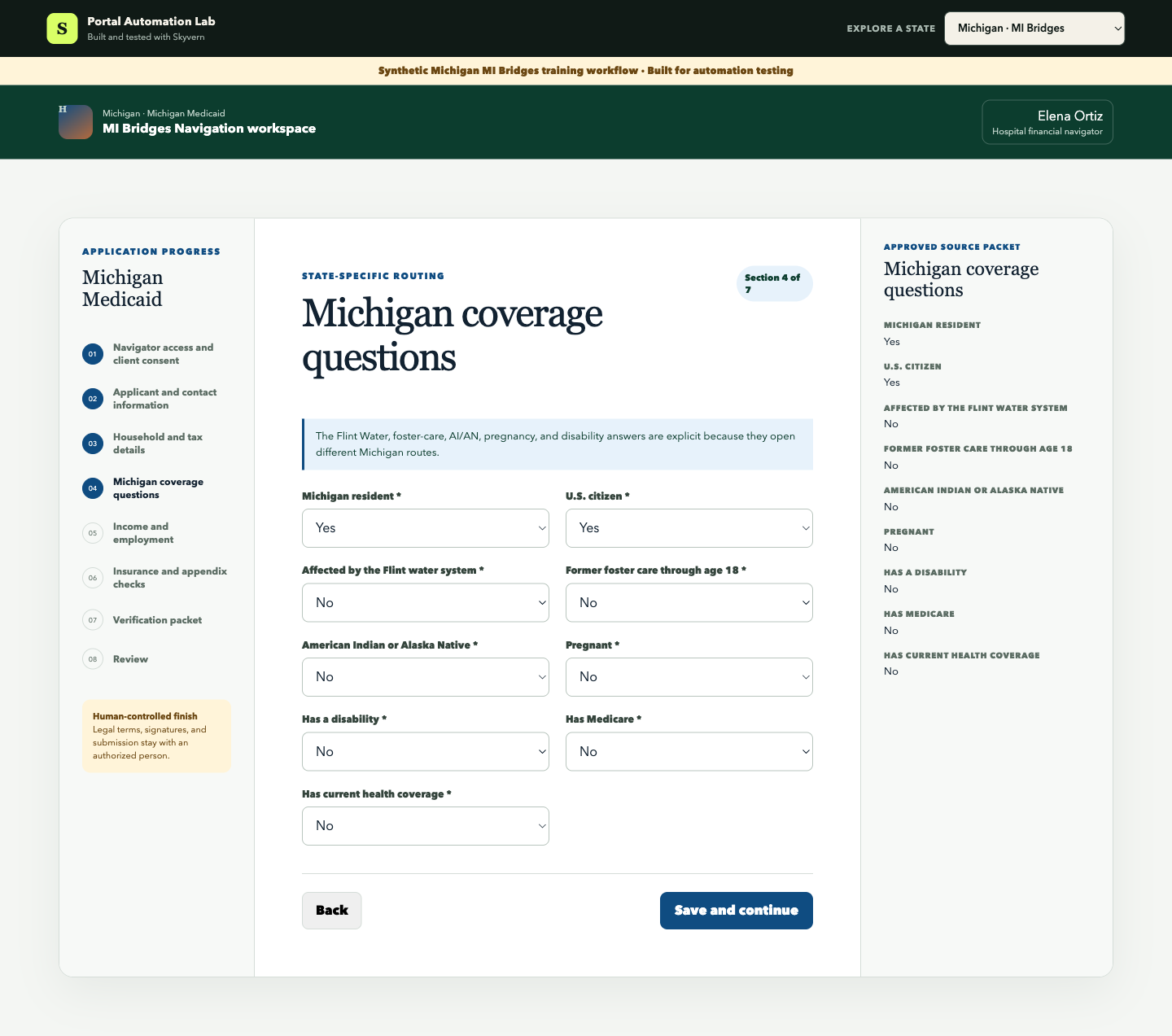 Michigan-specific coverage questions beside the approved client record