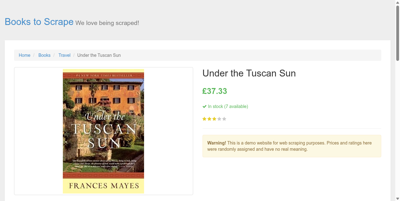 The product page for Under the Tuscan Sun, showing a £37.33 price and seven copies available.