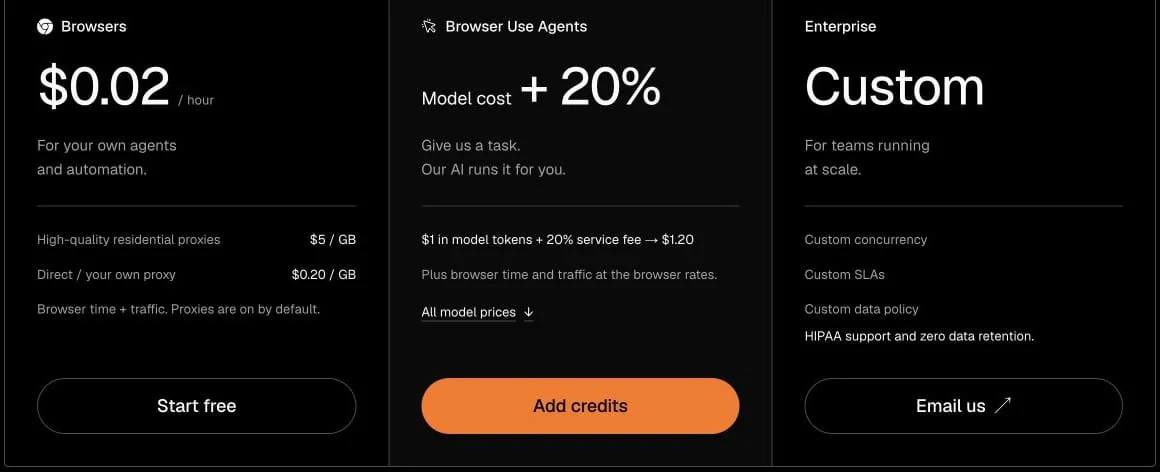 Browser Use pricing cards separating browser time and traffic from hosted agent charges