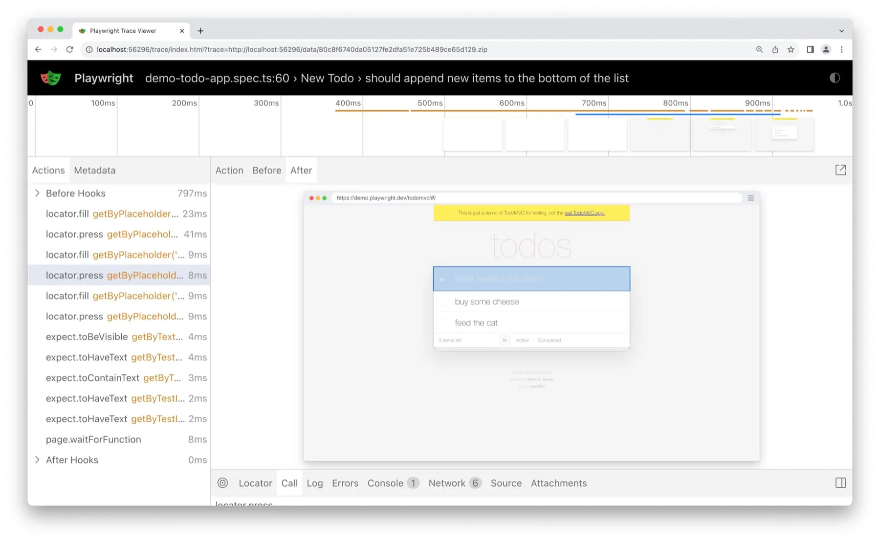 Playwright Trace Viewer showing the action timeline, locator commands, page snapshot, and debugging panels