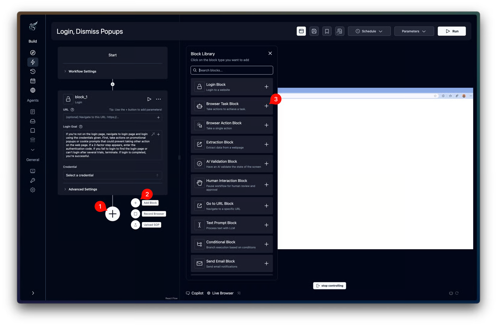 The block library in Skyvern’s documentation shows the operations available for visual authoring.