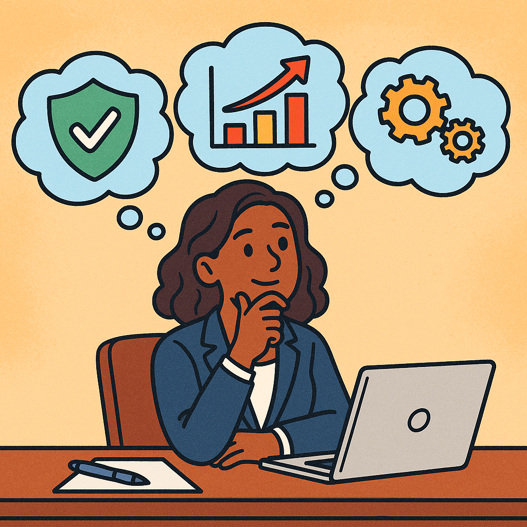 A cartoon-style illustration of a business decision-maker sitting at a desk with thought bubbles containing icons representing different automation tools and considerations. The character should be diverse and professional, with icons showing security shields, performance charts, and automation gears floating around. Use a friendly, approachable art style with bright colors.