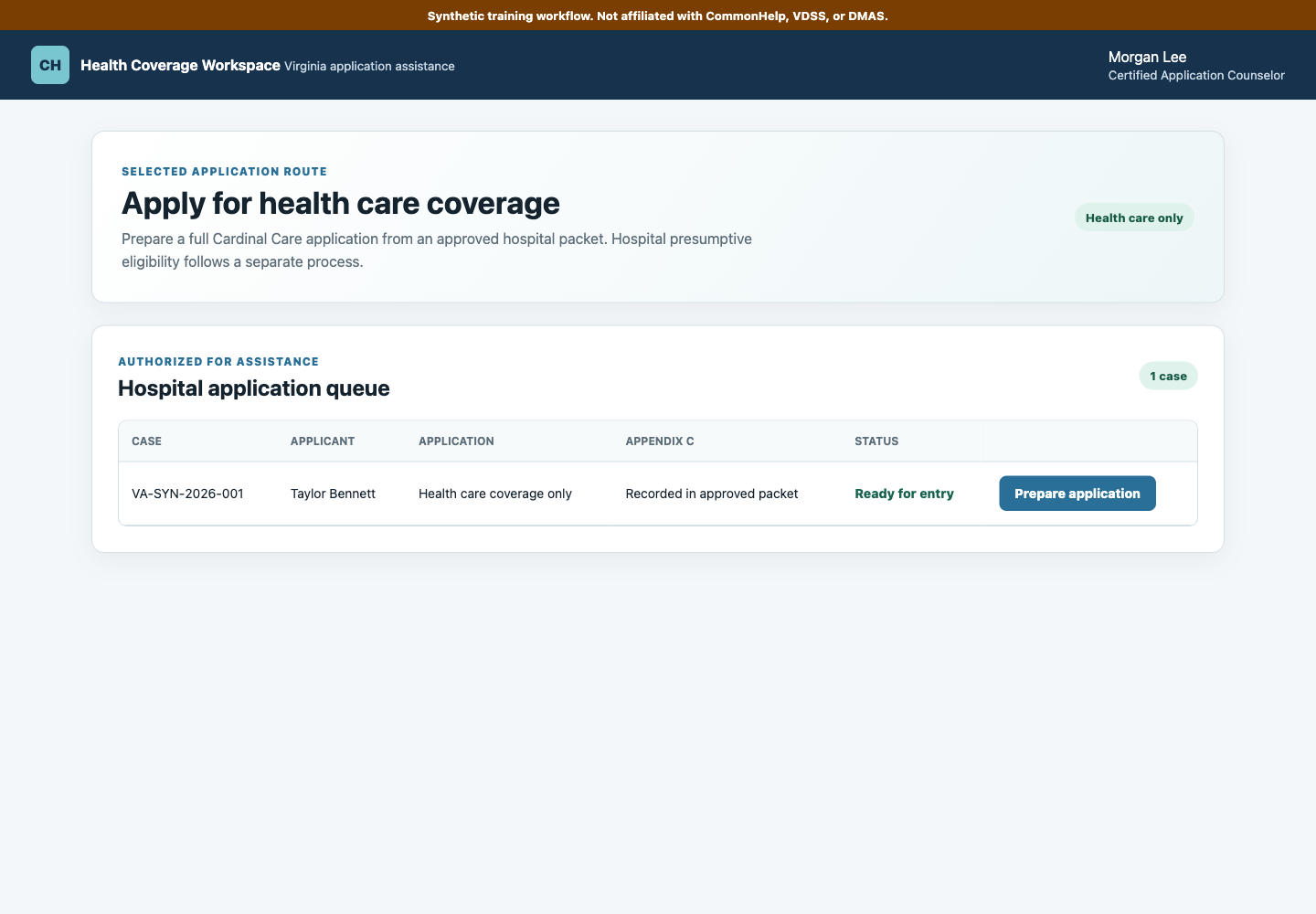 A fictional Virginia hospital case authorized and ready for application entry