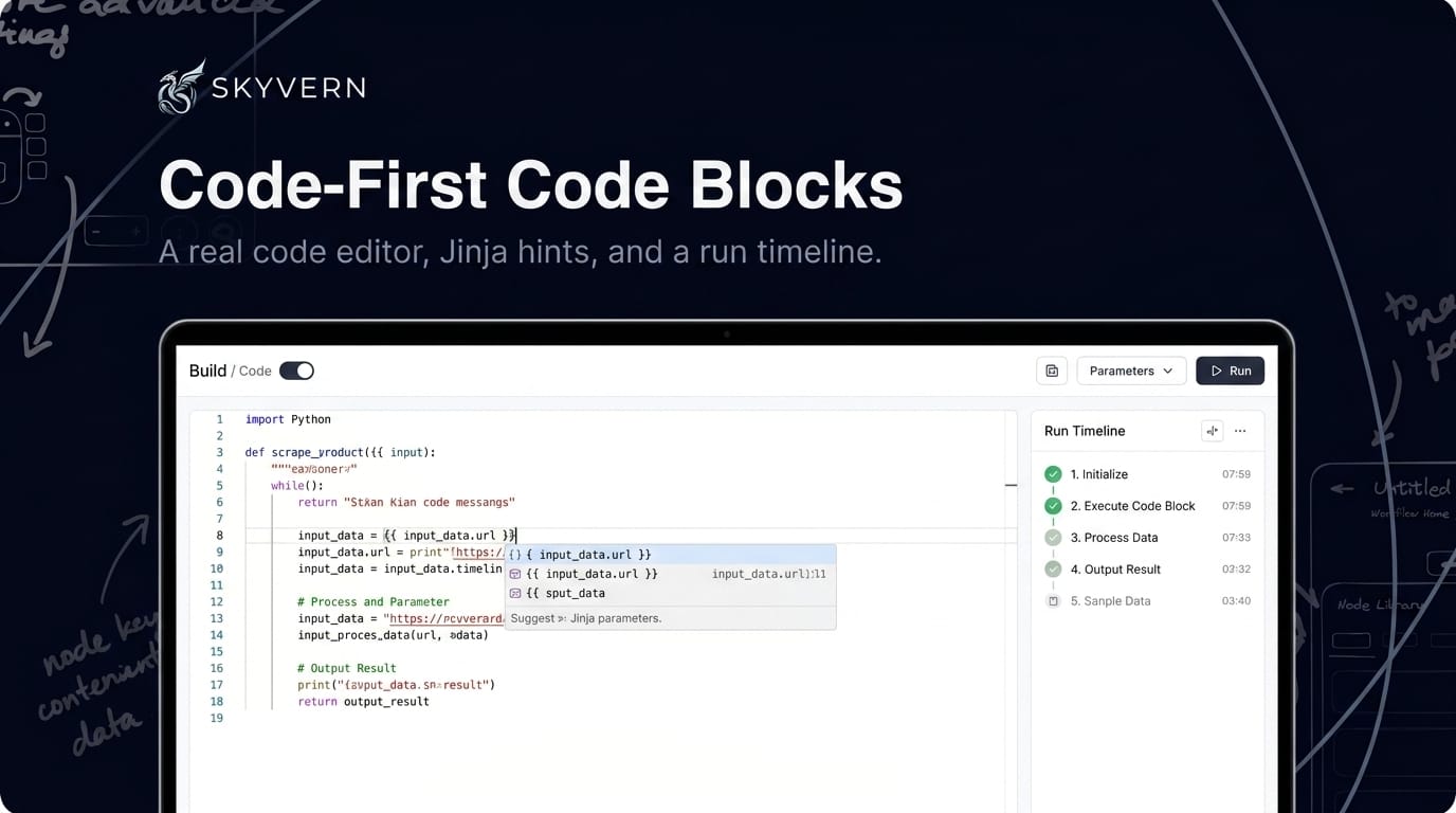 Code-first code block — a dedicated code editor with syntax highlighting and Jinja parameter hints, a Build/Code toggle in the header, and a run timeline listing each action taken