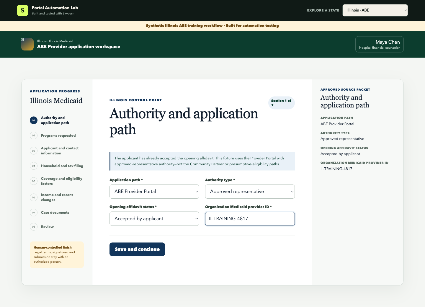 The Illinois Provider Portal path and opening affidavit control