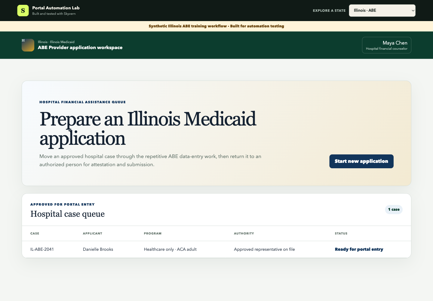 A fictional Illinois hospital case ready for ABE entry