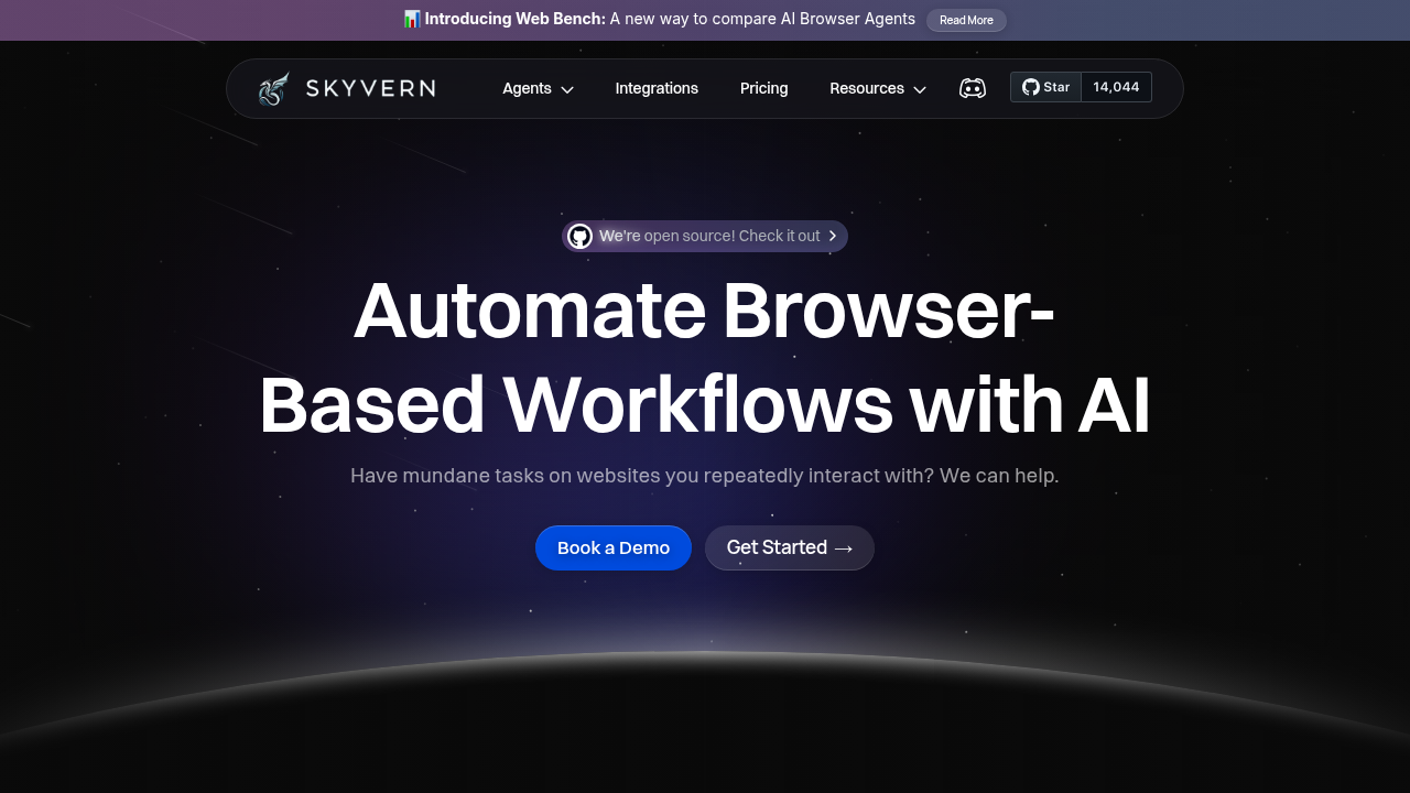 Skyvern homepage showcasing AI-powered browser automation platform with workflow management and e-commerce integration features