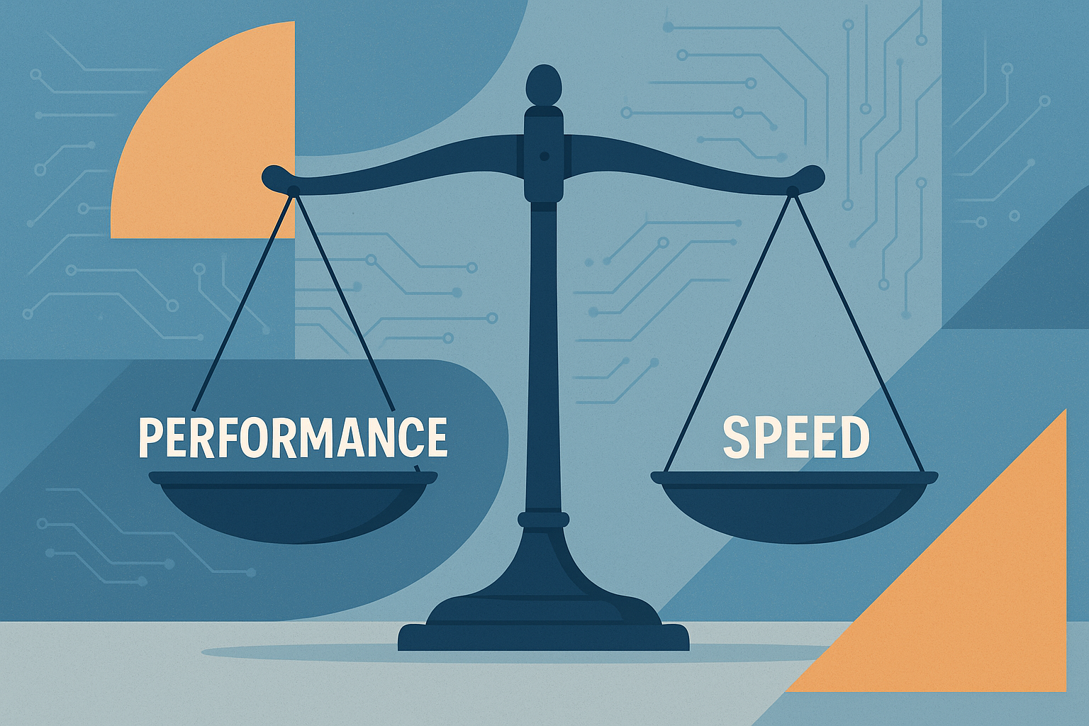 Stylized illustration of a balance scale representing performance versus speed trade-offs in AI automation systems