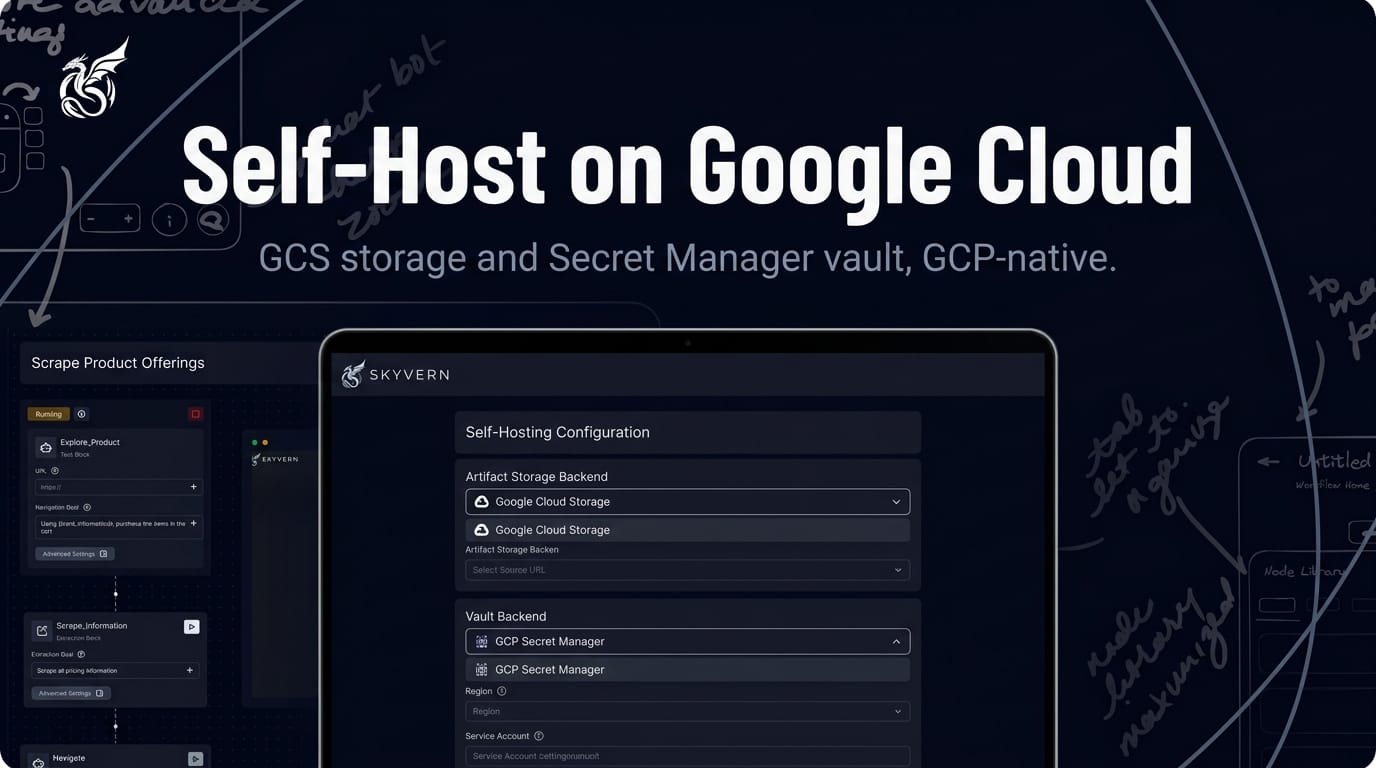 Self-hosting on GCP — a deployment config showing Google Cloud Storage selected for artifacts and GCP Secret Manager selected as the vault backend