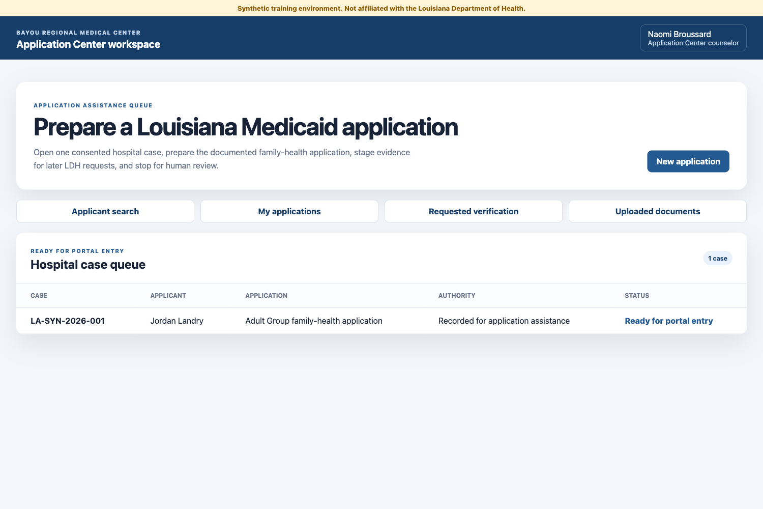 A fictional Louisiana hospital case ready for portal entry