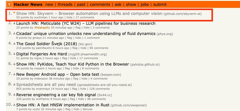 An image showing Skyvern at the #1 spot in Hackerne