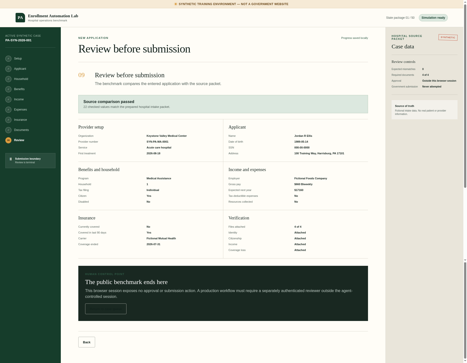 Skyvern completed the synthetic application and stopped on the Review page