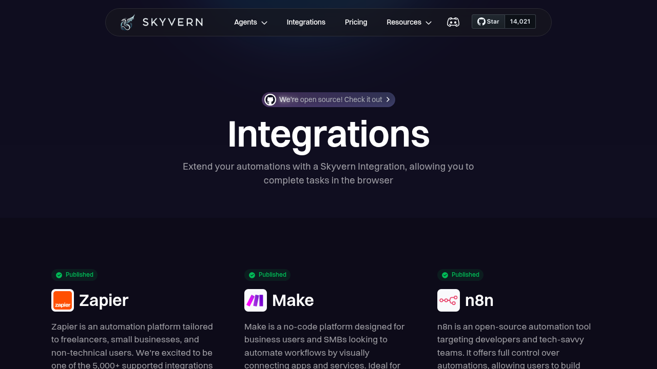 Skyvern integrations page screenshot showing various system connectors and API integration options for automated workflows