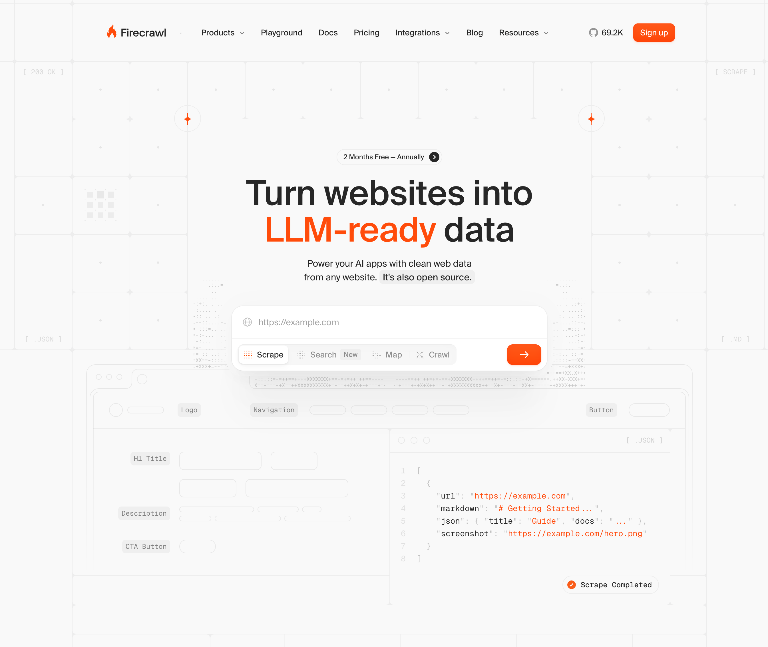 Firecrawl homepage showing an LLM-ready web data message and website scraping interface.