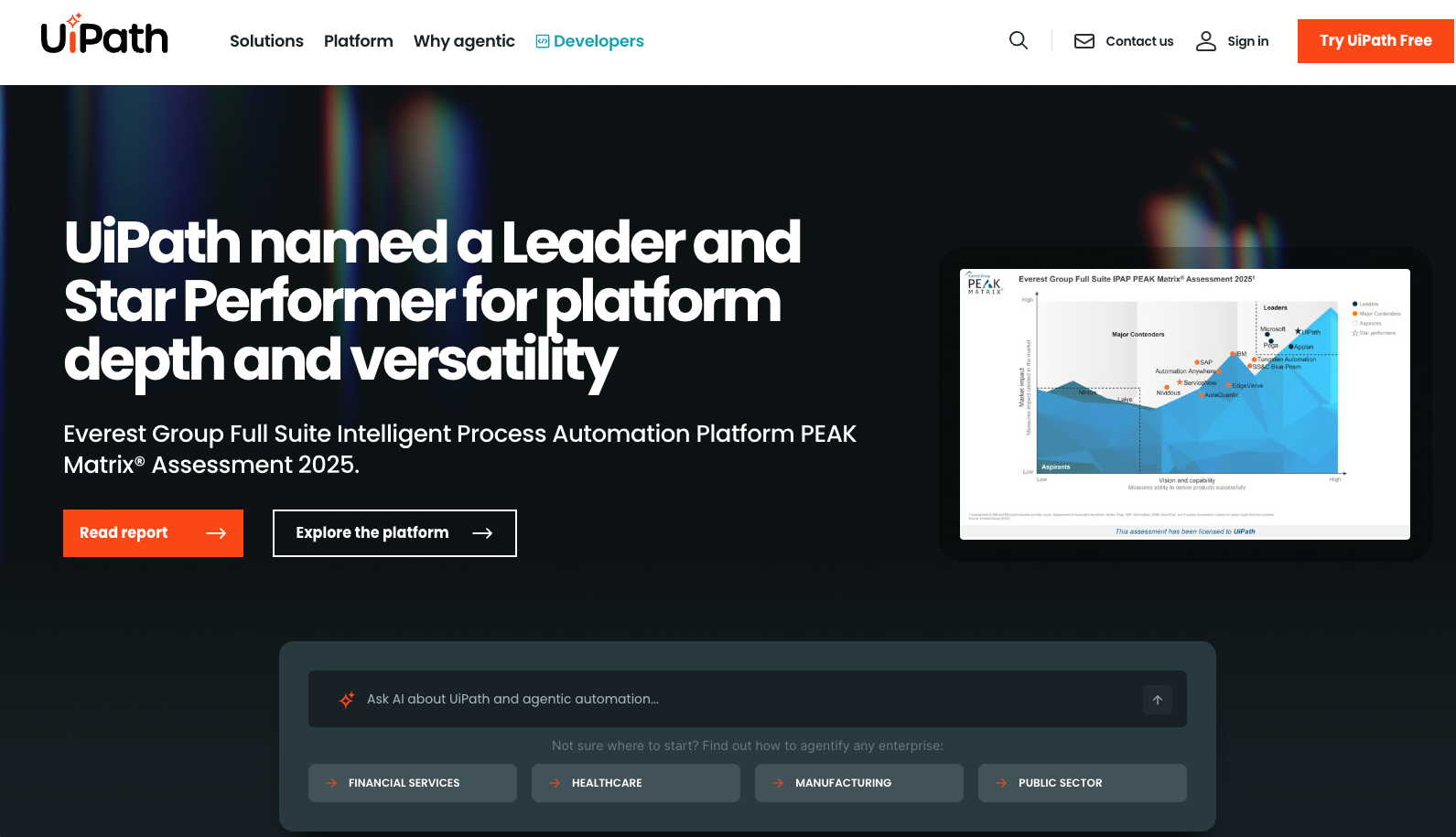 UiPath homepage hero promoting its automation platform with a PEAK Matrix assessment graphic.