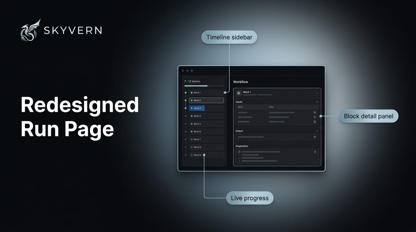 Redesigned workflow run page — a compact timeline sidebar listing blocks with a live "7/12 blocks" completion counter, next to a detail panel showing the selected block's inputs, output, and diagnostics