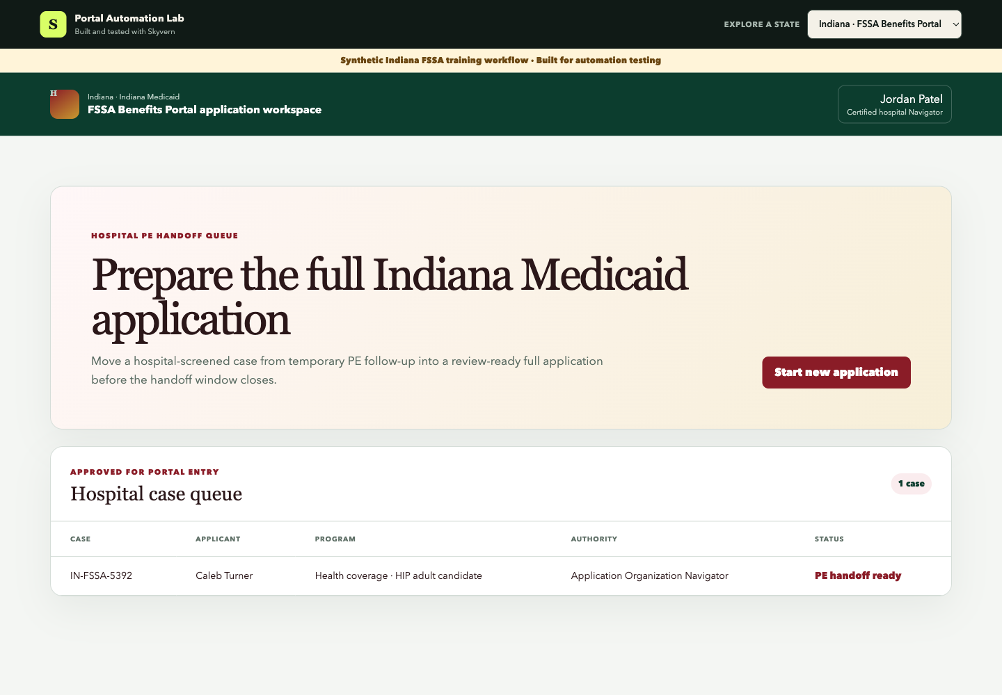 A fictional Indiana PE handoff ready for the full application