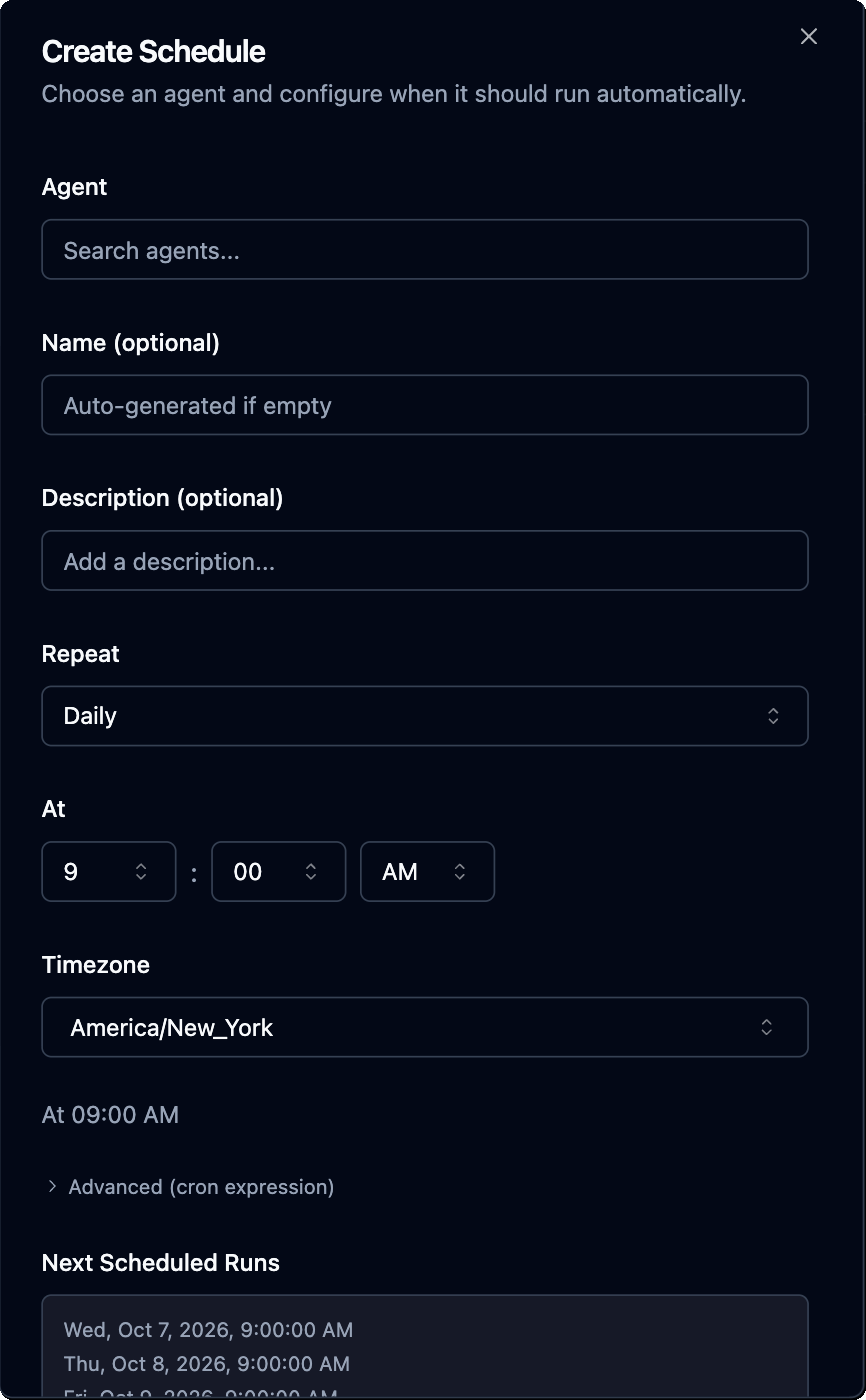 Skyvern Create Schedule form with agent, name, description, repeat interval, time, timezone, and upcoming runs.