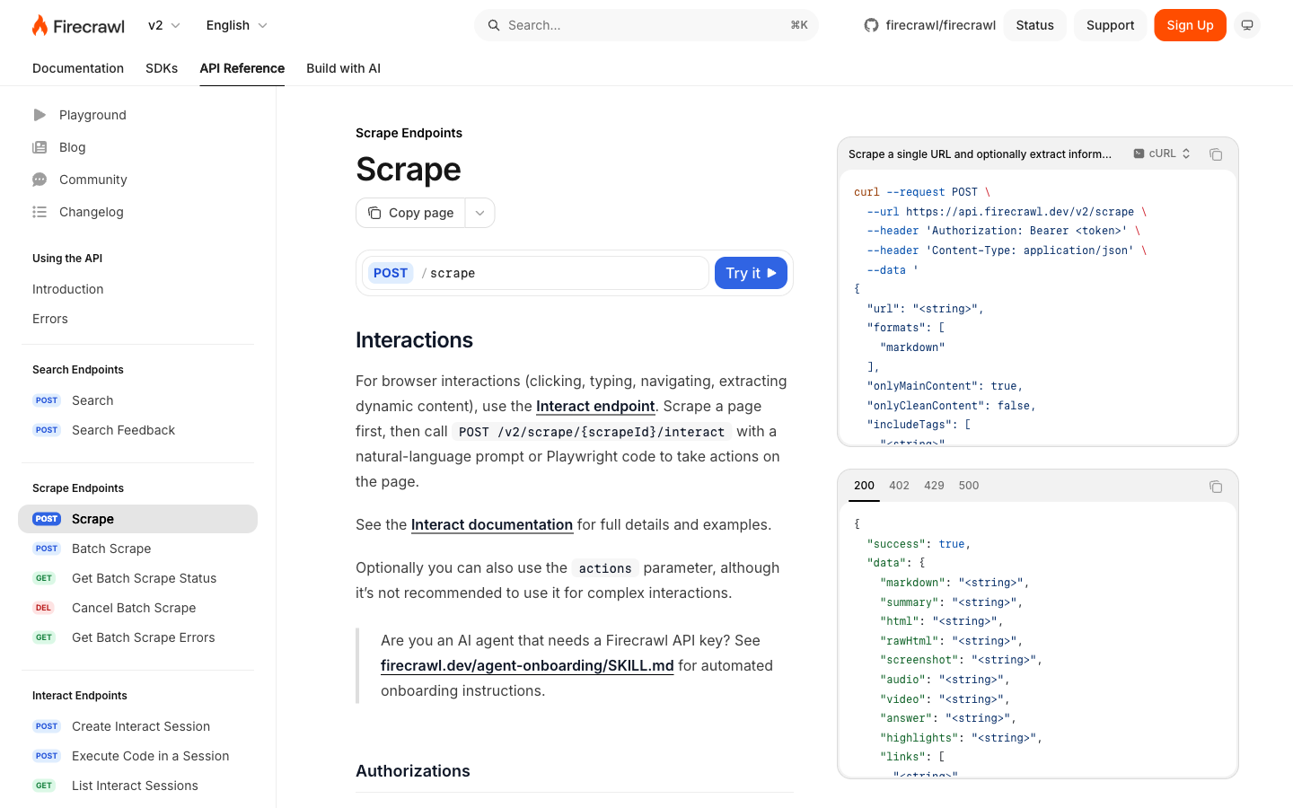 Firecrawl API reference showing its scrape endpoint, browser interactions, and structured response formats