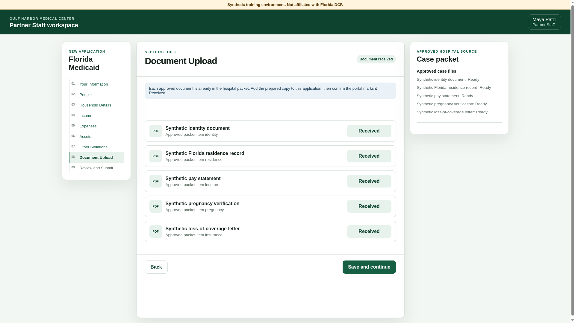 The Florida training workflow showing five approved document records received