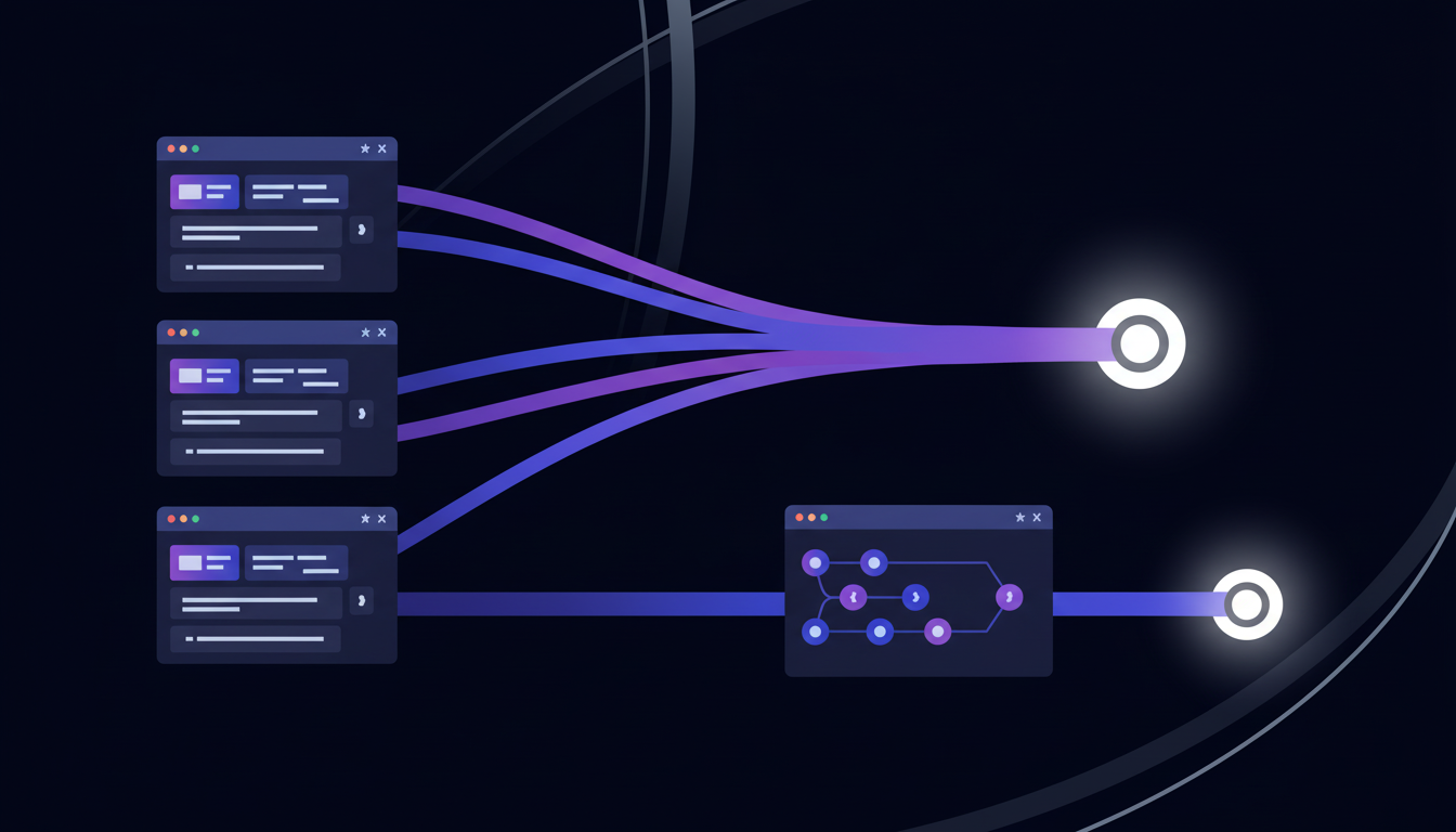 Illustration showing multiple browser windows feeding through workflow paths into two target outcomes.
