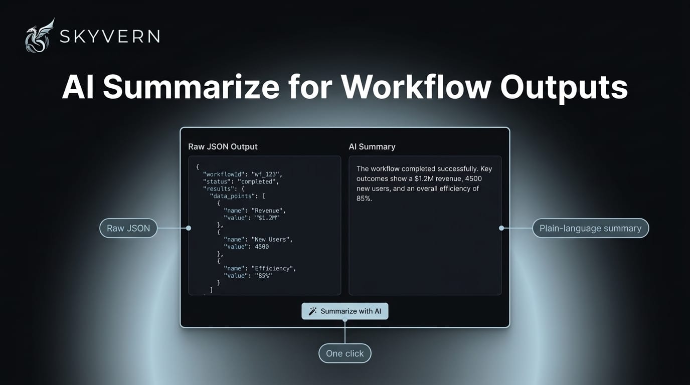 AI Summarize for workflow outputs — raw JSON on the left and a generated plain-language summary on the right, produced by a "Summarize with AI" button