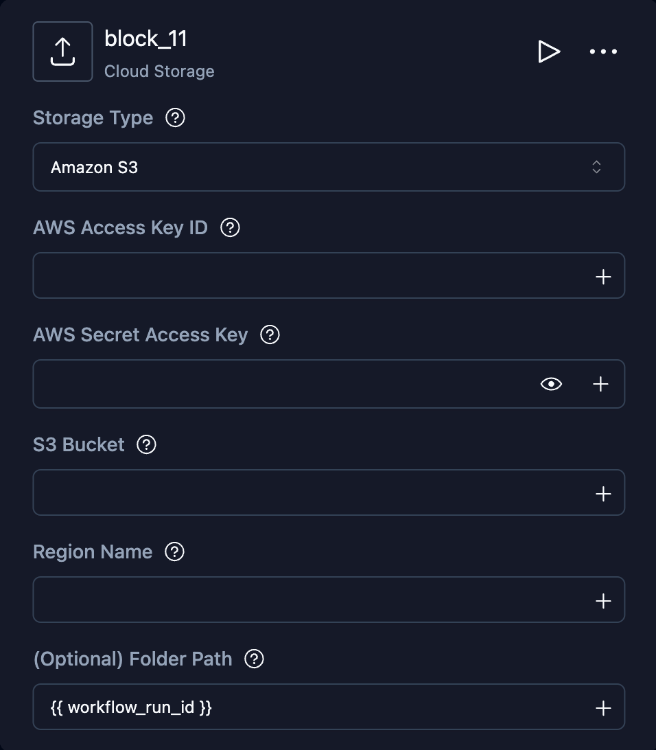 Cloud Storage Upload block with Amazon S3 settings